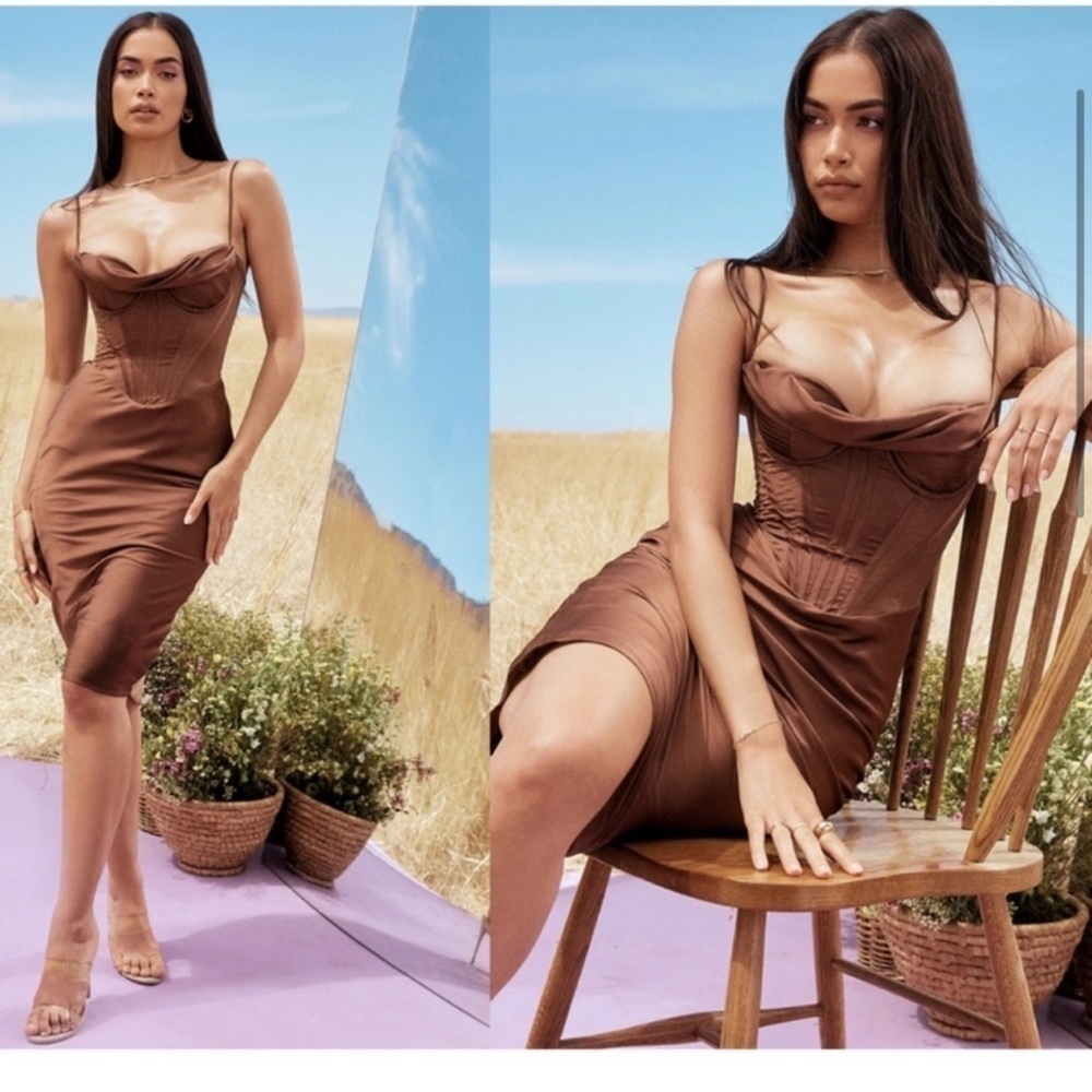 Nwot House Of Cb Myrna Satin Corset Chocolate Brown Midi Dress Sz S